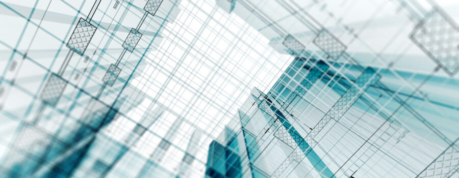 A blue and white photo of some buildings